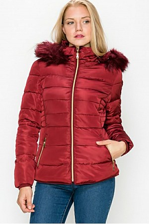 Puffer Jacket with Faux Fur Ho ...